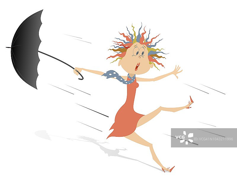 大风、大雨和女人带伞插画图片素材