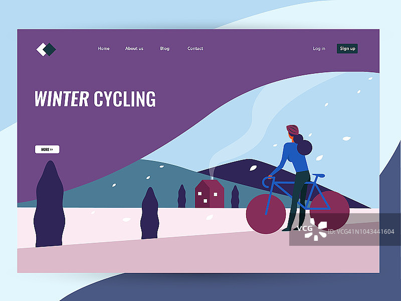女人骑自行车在冬天的乡村景观。图片素材