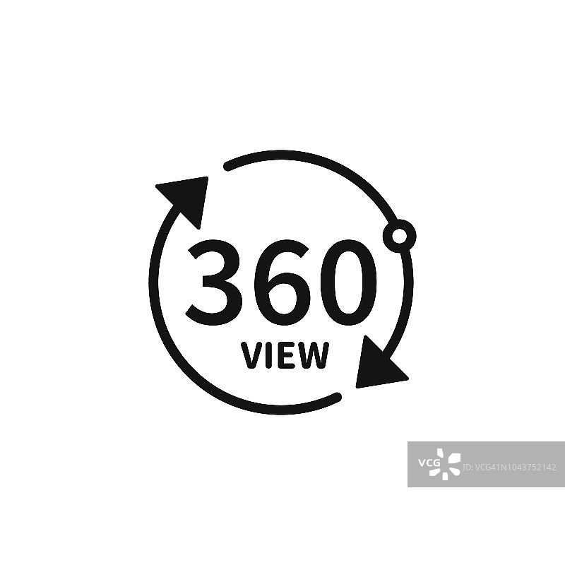 360度的矢量圆图标从背景孤立。带箭头的符号表示360度旋转或全景图。矢量插图孤立在白色背景。图片素材