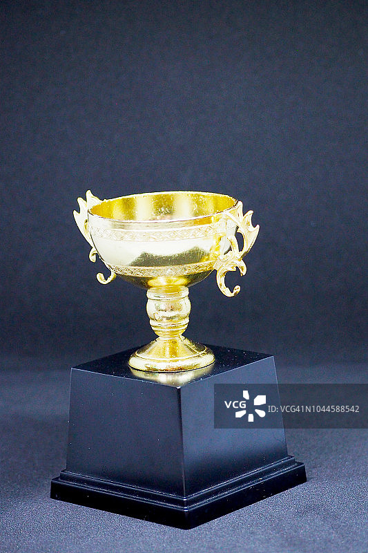 冠军金杯孤立在黑色背景。成功和成就的概念。图片素材