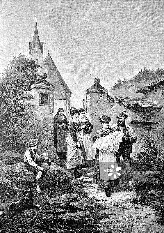 1888年，在孩子的洗礼仪式后，一家人离开教堂图片素材