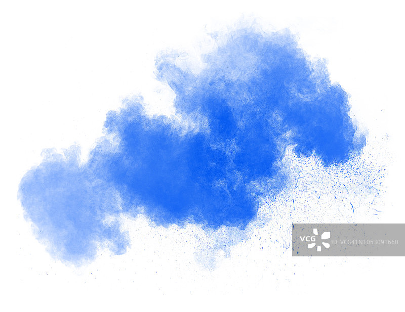 完整的框架形式和纹理的爆炸的粉末和蓝色的烟在白色的背景。图片素材