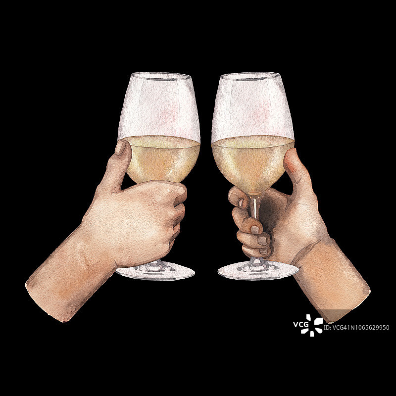 两只水彩画手拿着白葡萄酒杯孤立在黑色的背景上图片素材