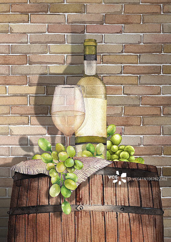 水彩白葡萄酒杯，酒瓶和葡萄木桶图片素材