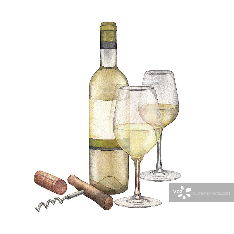 两个水彩白葡萄酒杯，瓶子，软木塞和螺旋图片素材