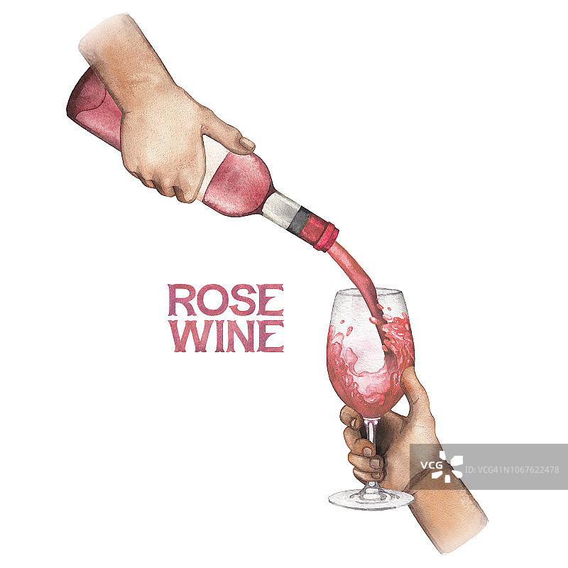 水彩画手将玫瑰酒从瓶中倒入玻璃杯图片素材