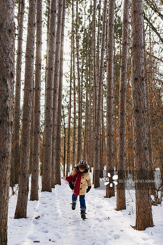 男孩在雪地里跑过树林，美国图片素材
