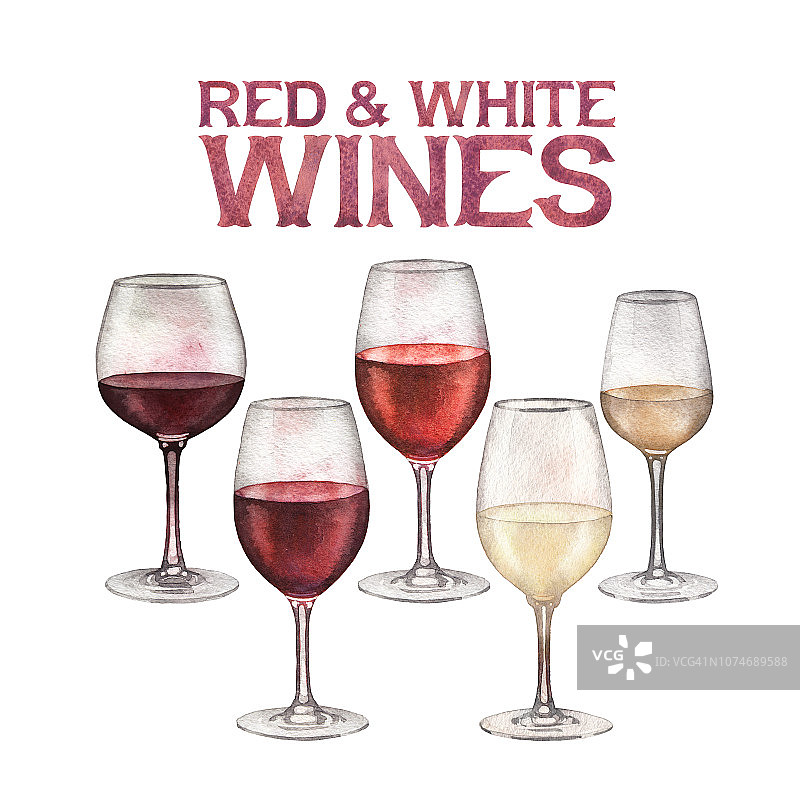 水彩酒杯的红和白葡萄酒孤立的白色背景图片素材