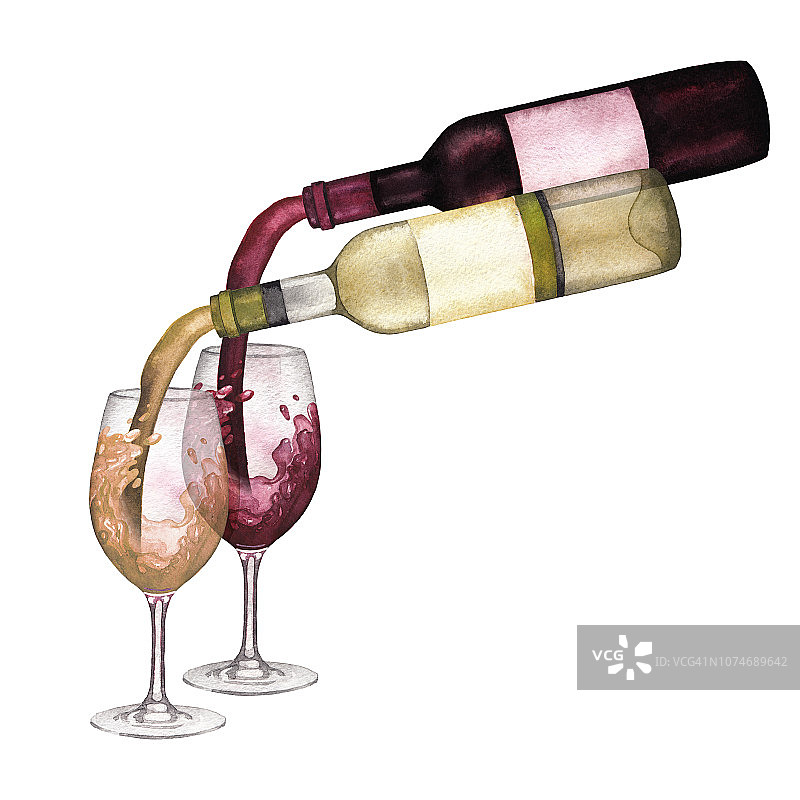 水彩红、白、玫瑰葡萄酒从瓶子倒进木桌上的玻璃杯里图片素材