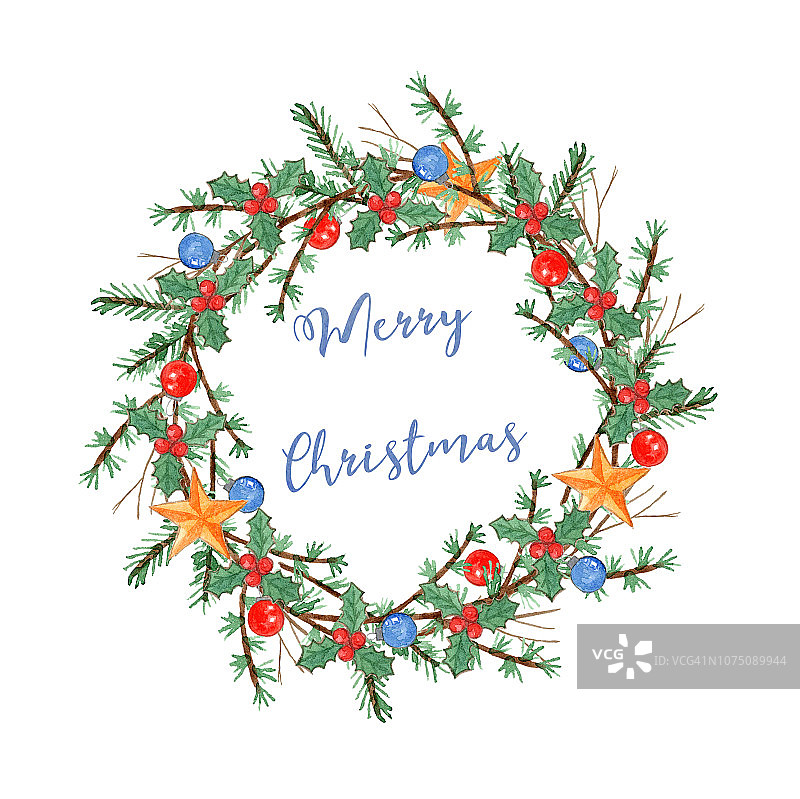 水彩圣诞花环与树枝和球图片素材
