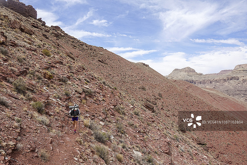 美国亚利桑那州大峡谷的山坡上的女性徒步旅行者图片素材