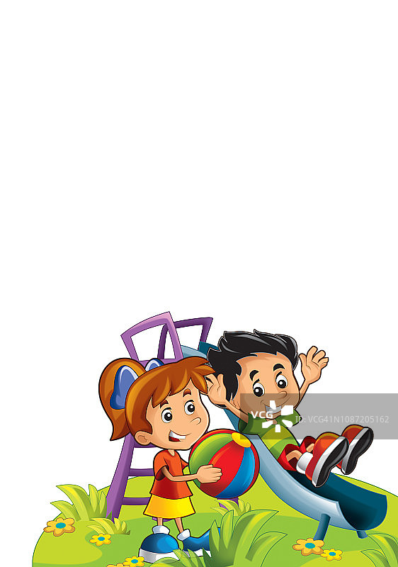 卡通操场场景与孩子在玩具幻灯片上的白色背景-模板与文本空间图片素材