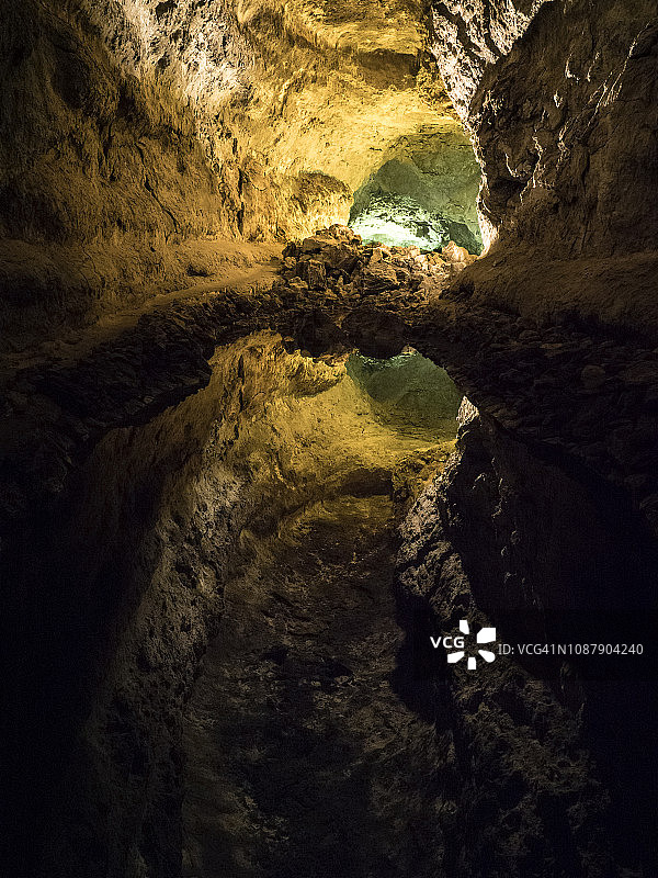 在一个火山起源的大洞穴内部有一个地下湖泊反射着他的墙壁。兰萨罗特，加那利群岛。图片素材