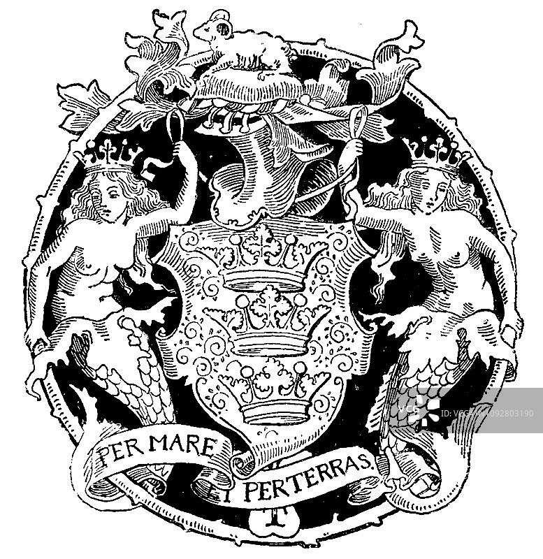 维多利亚时代的黑白页面装饰圆形雕刻美人鱼和一只船鼠和一卷文字“Per Mare....”每岩壁';19世纪英国的港口和港口;1892年英语了图片素材