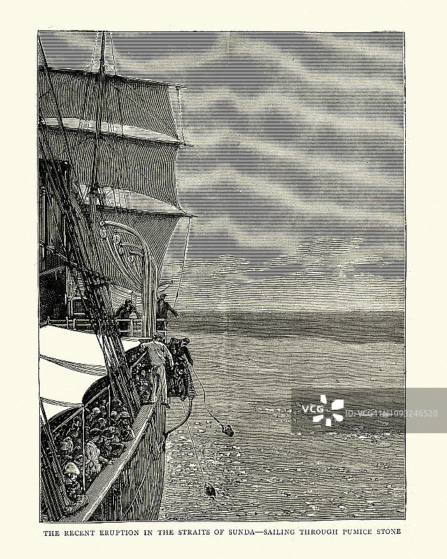 在巽他海峡的浮石中航行的船只图片素材