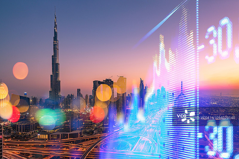 股票市场交易所在迪拜摩天大楼的背景图片素材