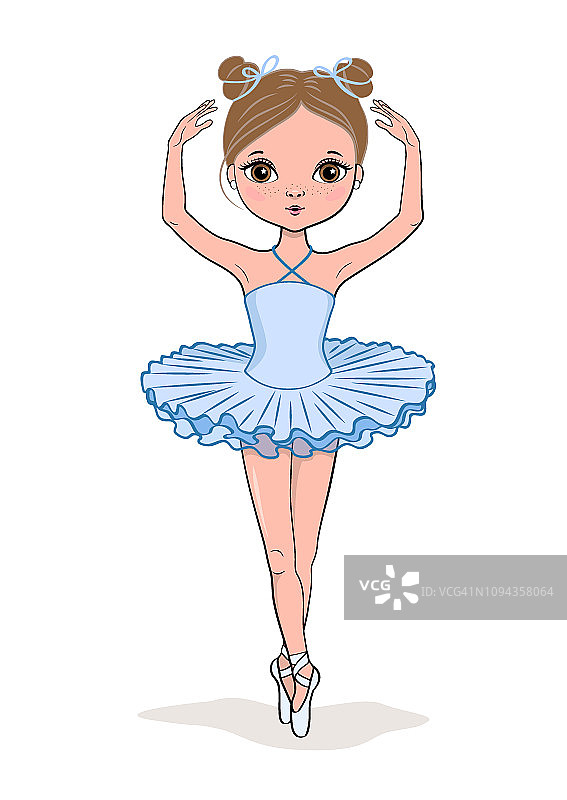 手绘漂亮的小芭蕾舞演员。卡通可爱的女孩。矢量图图片素材