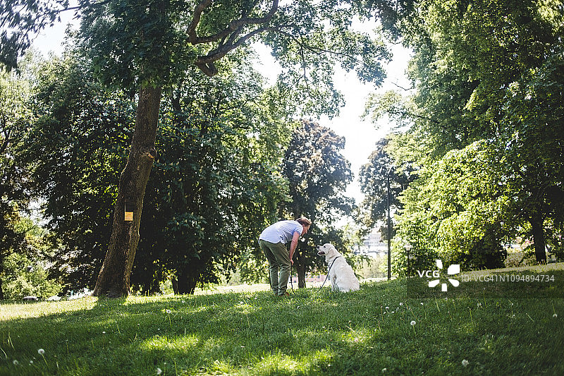 在公园的草地上，一个人对着树和狗说话图片素材