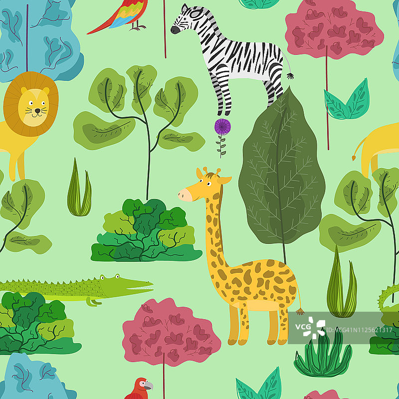 可爱的卡通图案与丛林动物在森林里图片素材