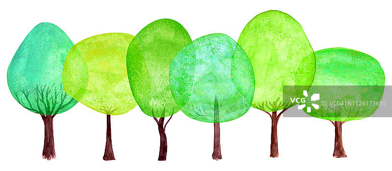 夏季绿树重叠树设背景。水彩画彩色新鲜树收集图片素材
