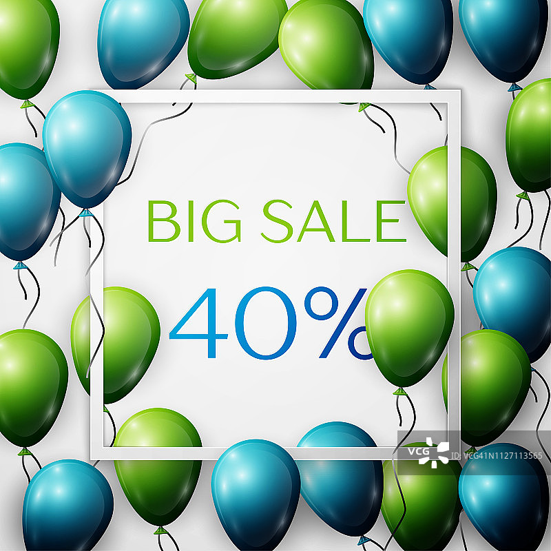 现实的绿色和蓝色气球与黑色丝带在中心文本大减价40%的折扣在白色的方形框架在白色的背景。销售概念购物，移动设备，网上商店。图片素材