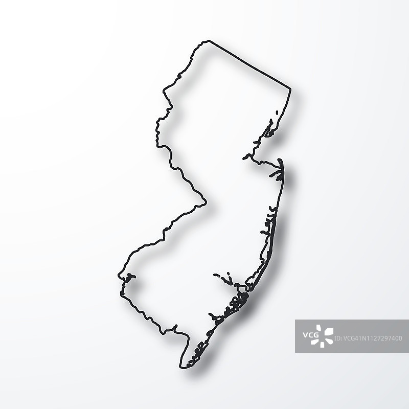 新泽西州地图-黑色轮廓与阴影在白色背景图片素材