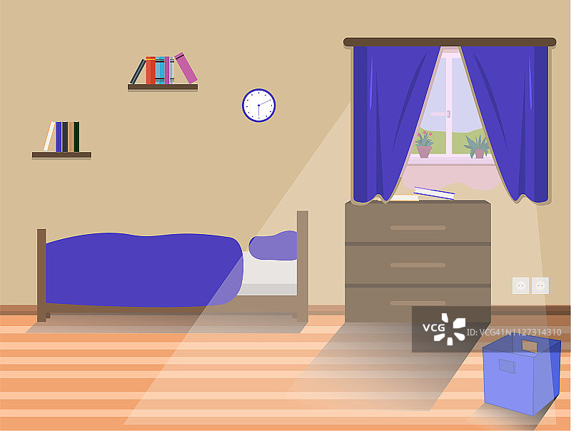 儿童卧室内部有床，窗户，书籍，玩具盒，时钟。矢量插图。图片素材