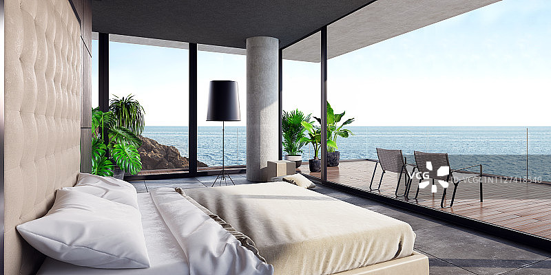 现代豪华卧室与大阳台在别墅海边图片素材