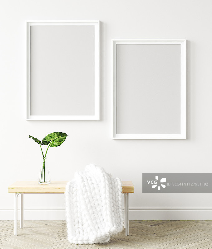 模拟海报框架在现代家庭室内。斯堪的纳维亚风格图片素材