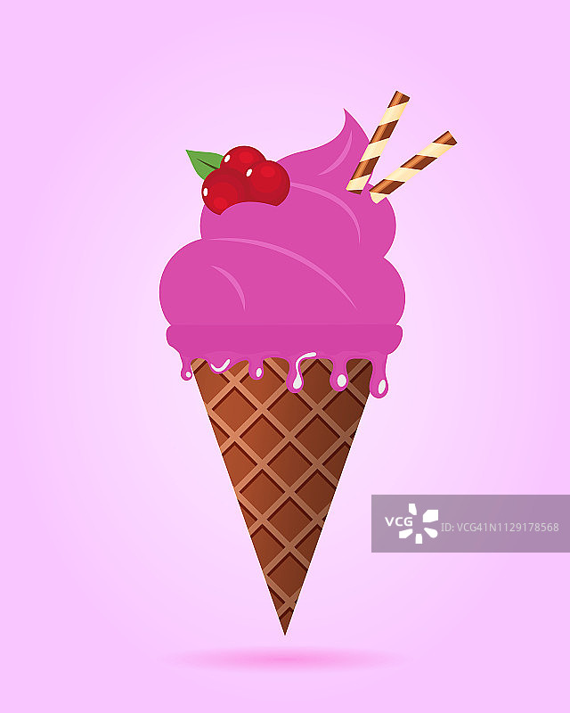 华夫蛋筒冰淇淋，乳制品。冰淇淋勺形象在平面风格。矢量插图。图片素材
