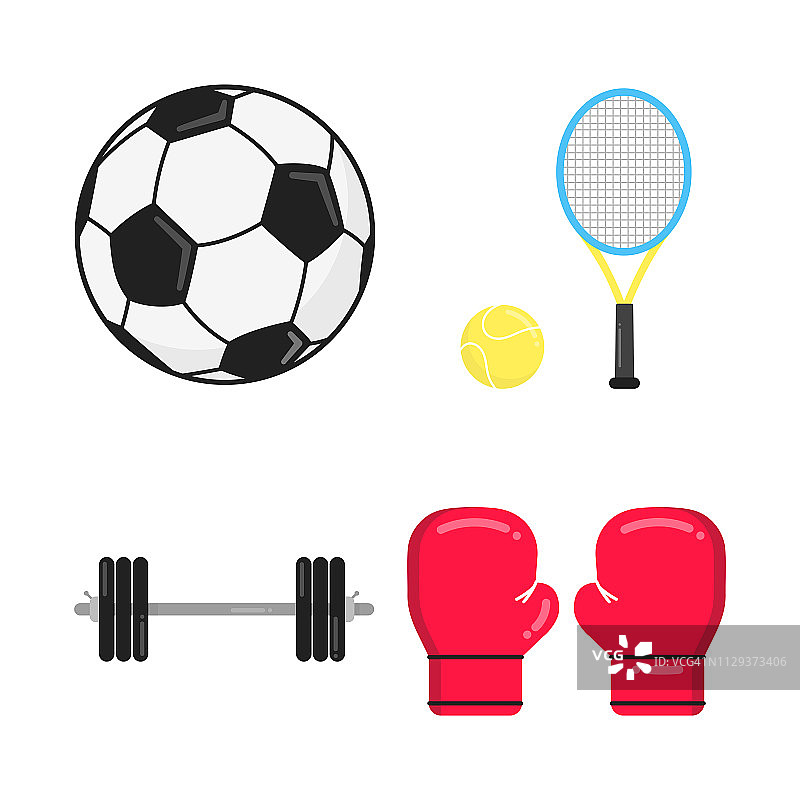 运动属性扁平化风格设计集图标标志孤立在白色背景。足球，网球拍和球，杠铃，拳击手套-体育游戏的符号。图片素材