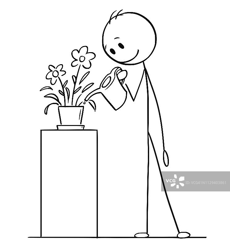 人在花盆或花盆里给植物浇水的漫画图片素材