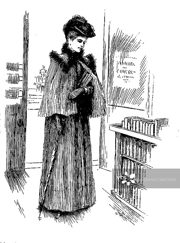 维多利亚时代的黑白故事，讲述一位穿着户外服装的女士走进书店的雕刻;艺术家莱斯利·布鲁克;19世纪的故事图形;1892年英语了图片素材