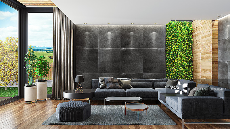 现代乡村风格豪宅客厅植物垂直墙图片素材