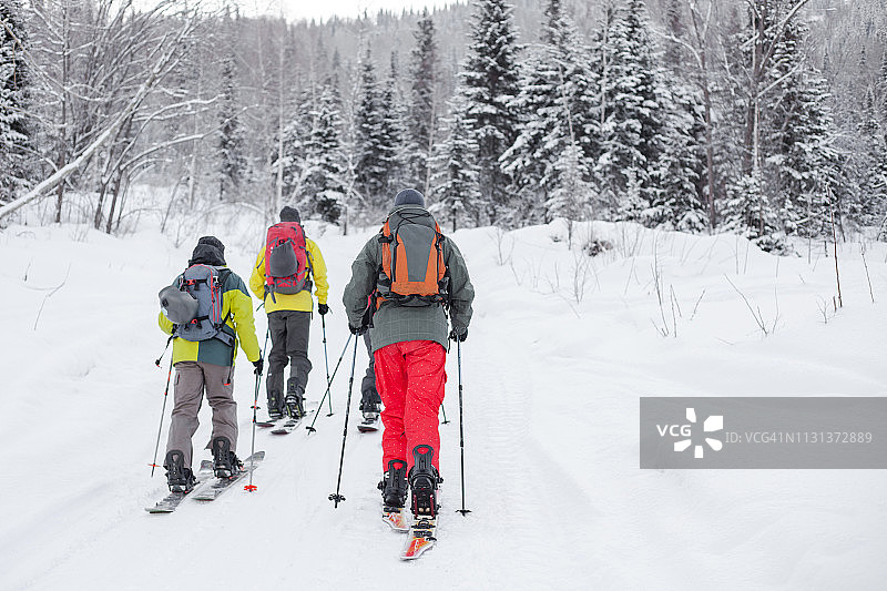 一群人在雪山的冬季景观越野滑雪图片素材