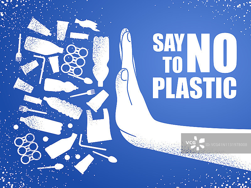 拒绝塑料。塑料污染问题。生态的海报。旗帜由白色塑料垃圾袋，瓶子和手组成，蓝色背景。图片素材