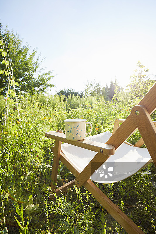 躺椅和珐琅杯在花园里，太阳画在杯子上图片素材
