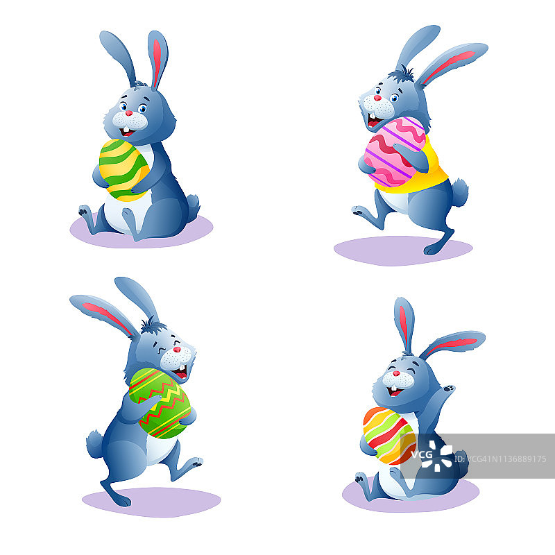 可爱的卡通兔子与巧克力复活节彩蛋。快乐的兔子收集孤立的白色背景。贺卡、横幅装饰。寻找复活节彩蛋。五彩缤纷的矢量插图。图片素材