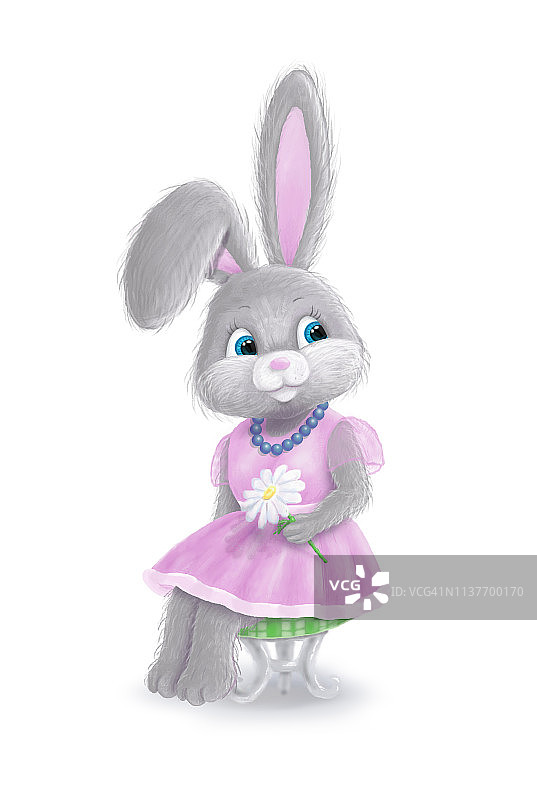 可爱的小兔子女孩穿着粉红色的裙子和一朵花图片素材
