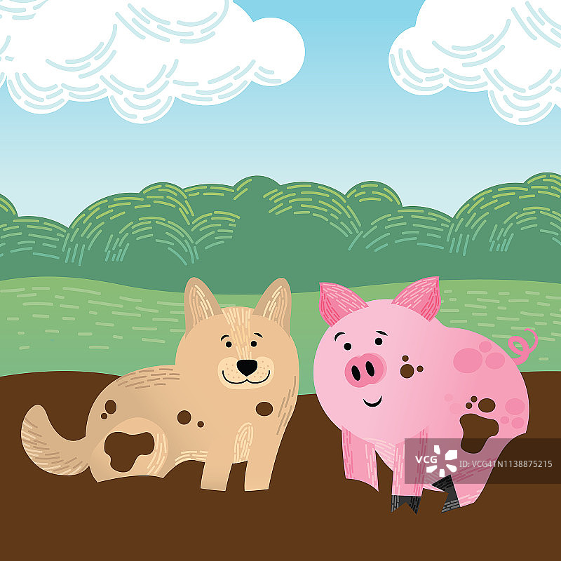 儿童卡通可爱的猪和狗玩。矢量插图。图片素材