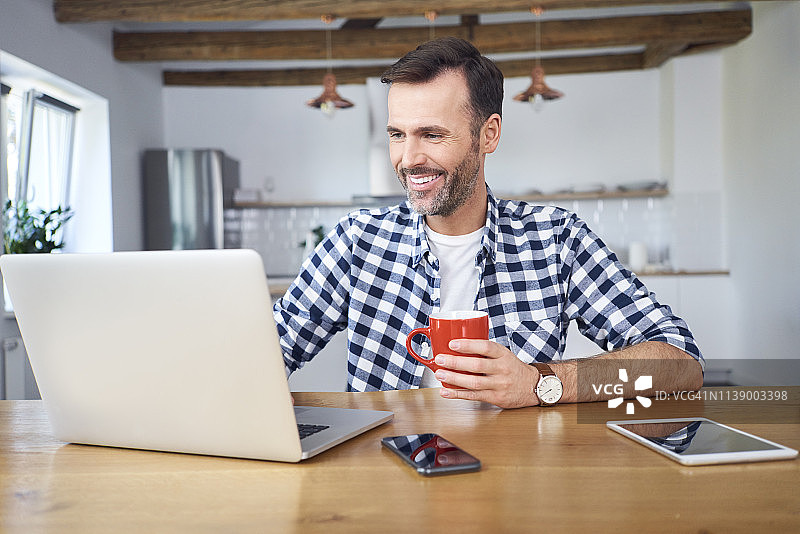 微笑的男人在家里用笔记本电脑远程工作，喝着咖啡图片素材