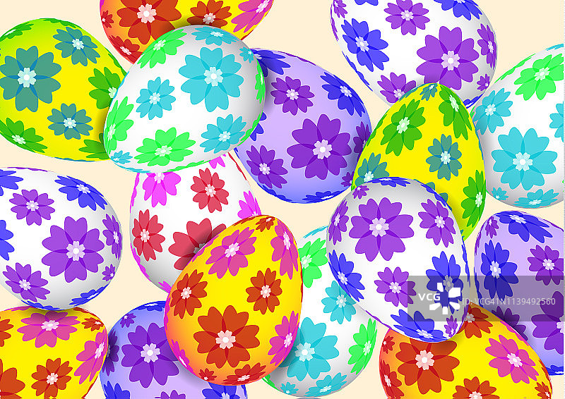 在明亮的背景上放上色彩鲜艳的复活节彩蛋。春天的节日。矢量插图为您的设计。图片素材