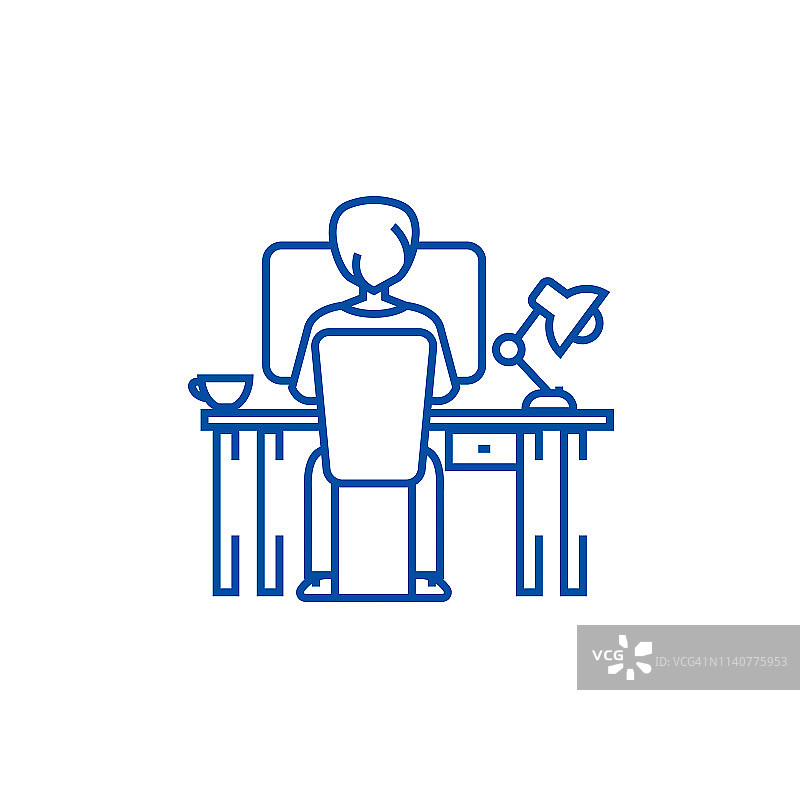 人工作在电脑桌上，坐线图标概念。人在电脑上工作，坐在桌子上，平面矢量符号，符号，轮廓插图。图片素材