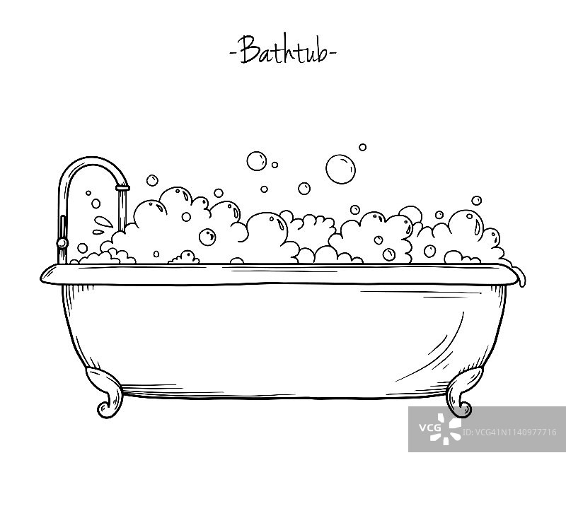 用水龙头和泡沫给沐浴画草图。矢量插图在素描风格。图片素材