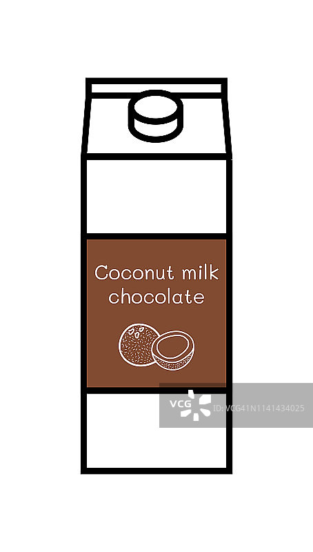 矢量线图标的调味纯素巧克力椰奶孤立在白色背景。植物基非乳制品替代品。纸箱与螺旋盖和标签与手绘的椰子涂鸦插图。图片素材