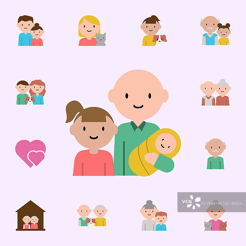 父亲，宝贝，女儿的卡通偶像。家庭图标通用设置为网络和移动图片素材