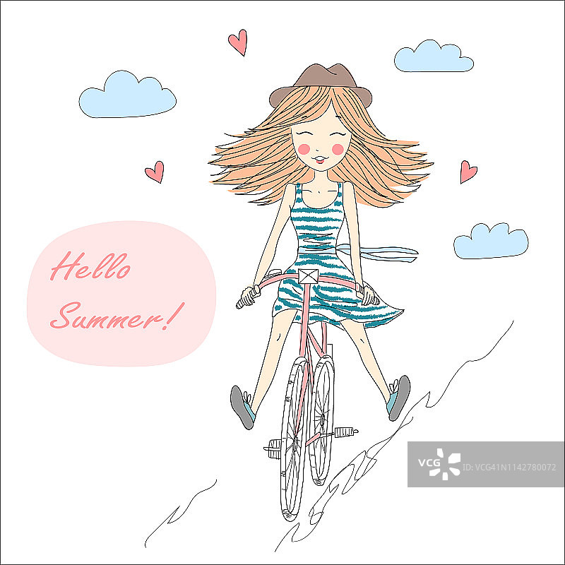 一个可爱的小女孩骑着自行车，背景上写着“你好，夏天”。图片素材