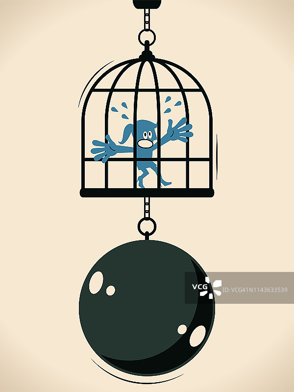 女商人被锁在一个大铁球和铁链的鸟笼里图片素材
