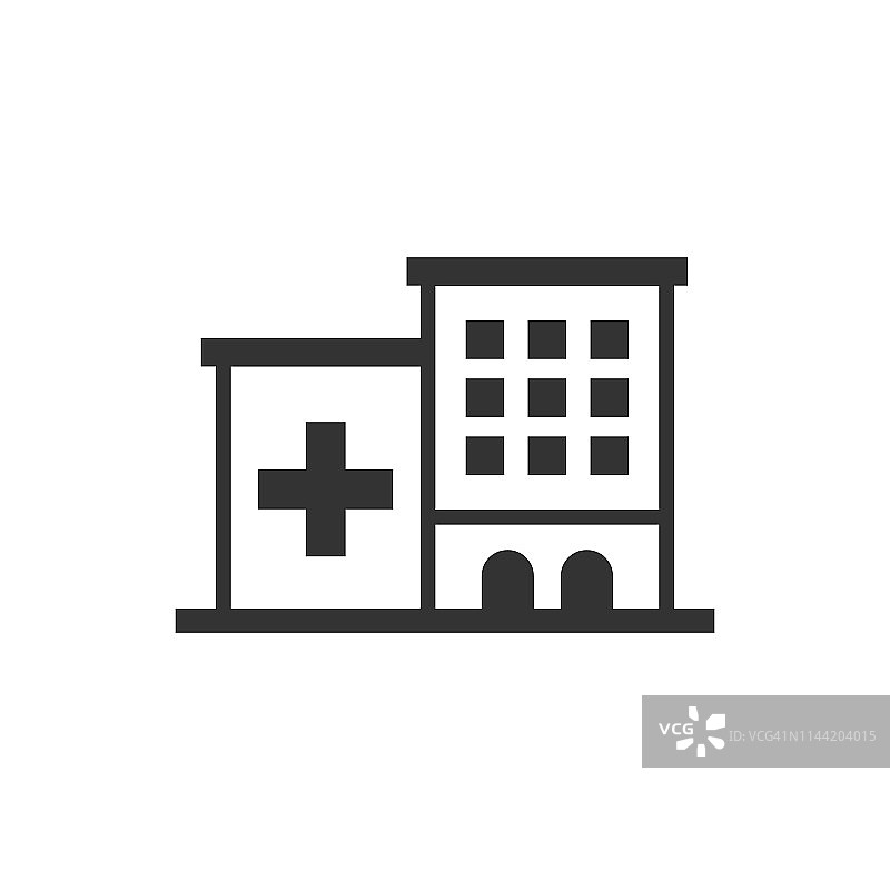 医院建筑图标在平面风格。医务室矢量插图在白色孤立的背景。医疗救护的经营理念。图片素材
