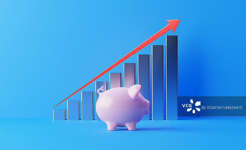 金融增长条与红色箭头形状和小猪银行移动上蓝色背景图片素材